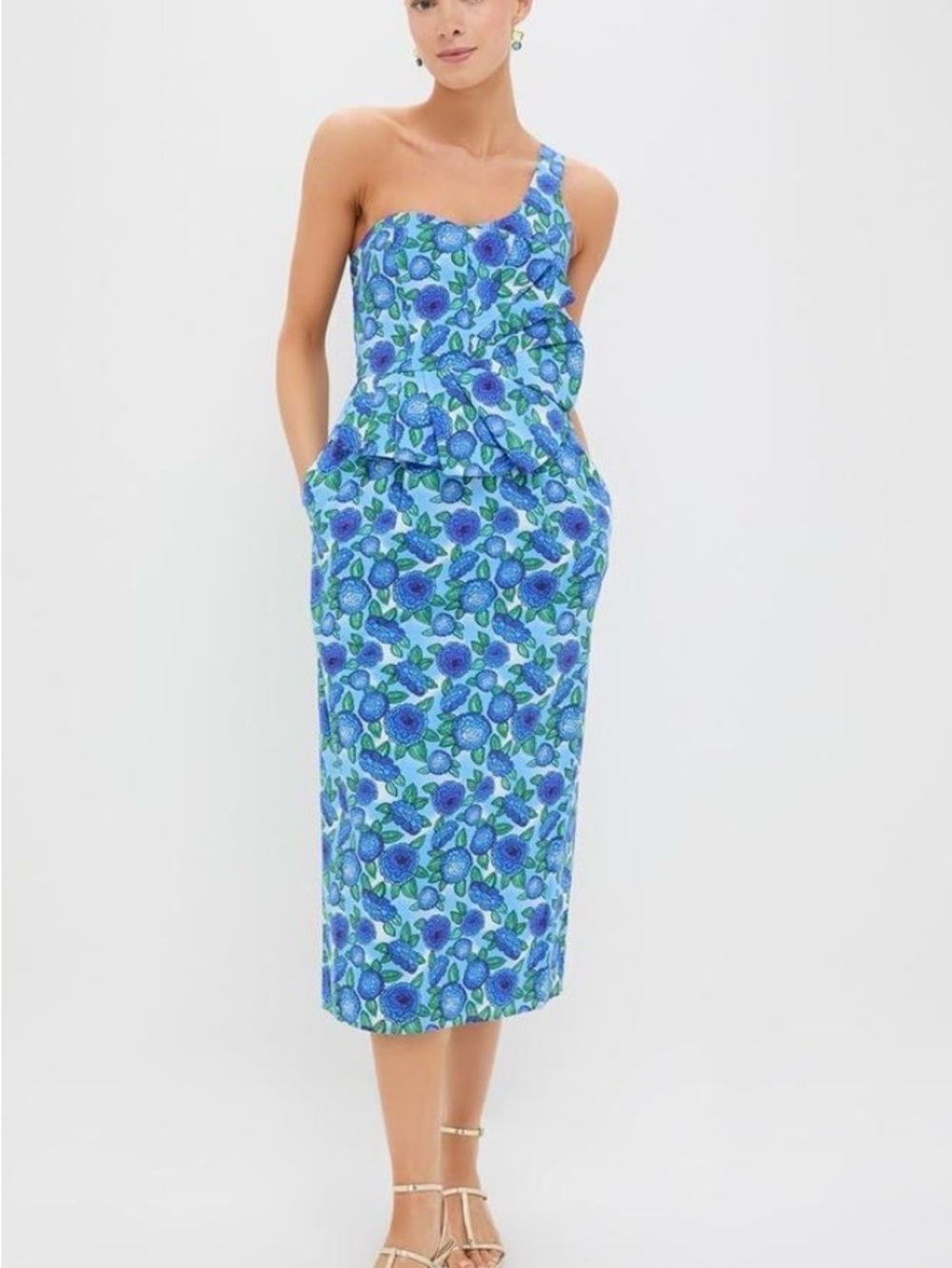 One-Shoulder Blue Floral Peplum Midi Dress